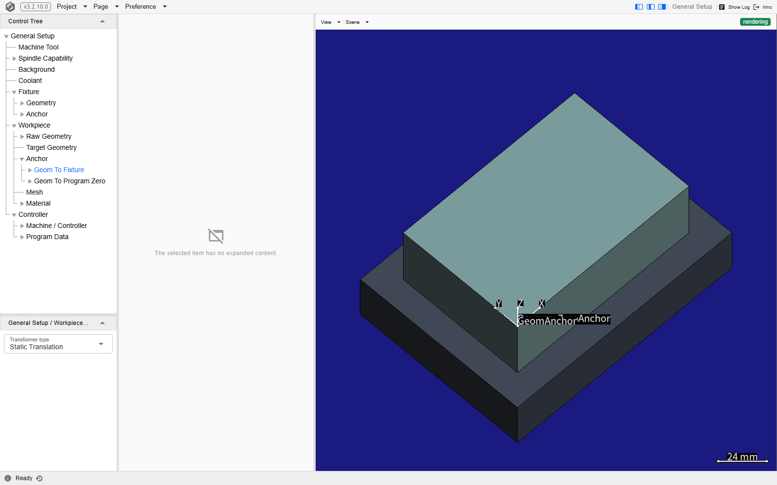 The General Setup Control Tree with Geom To Fixture selected under Workpiece and Anchor, the middle column reading that the selected item has no expanded content, and the workpiece on the canvas