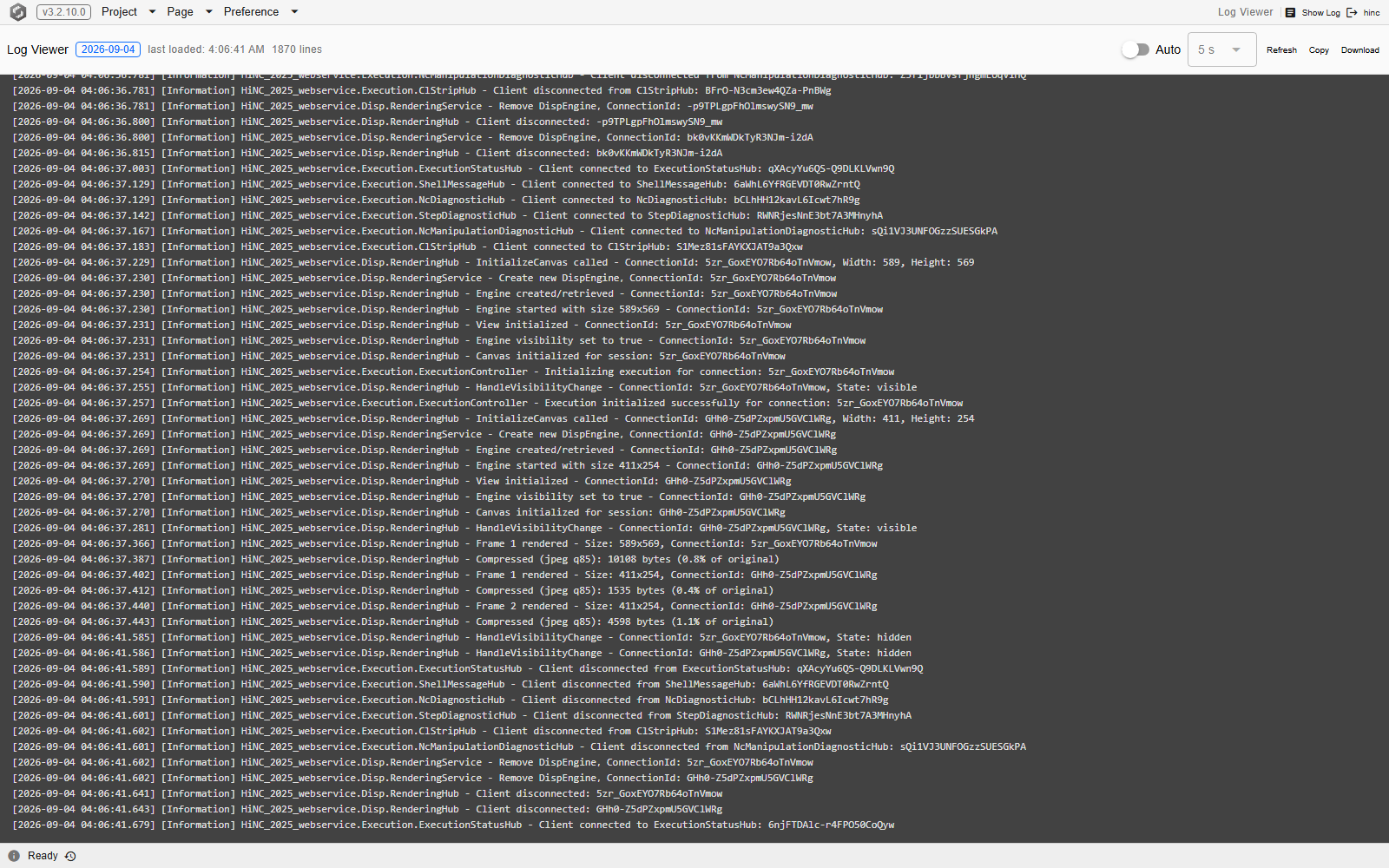 The Log Viewer: a header row with a day badge, a last-loaded time, a line count, an Auto toggle switched off beside a 5 s interval, and Refresh, Copy and Download at the right; below it a dark monospaced pane, scrolled to the end of the file, whose lines record a screen's connections arriving together, the four message lists among them, then a stretch of canvas rendering and frame compression, then the same connections leaving together