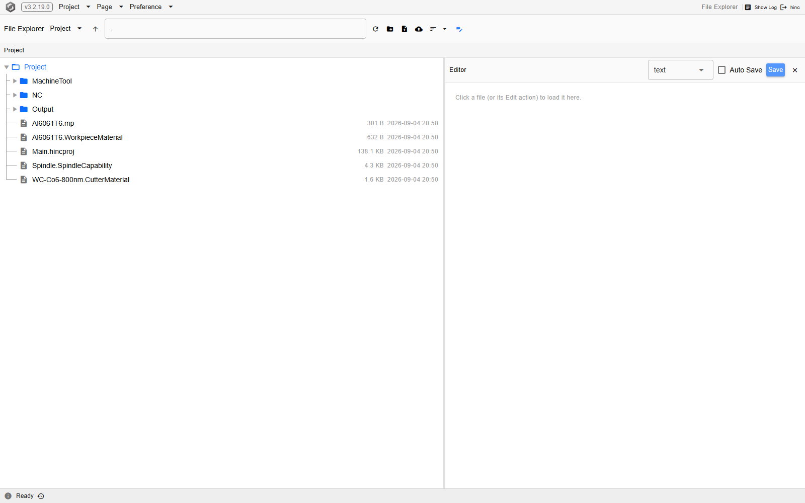 The File Explorer showing the open project's folder under the Project root: the folders MachineTool, NC and Output above five files with their sizes, among them the project file at 138.1 KB and four side files named for a cutting parameter set, a workpiece material, a spindle capability and a cutter material, with the empty text editor pane on the right