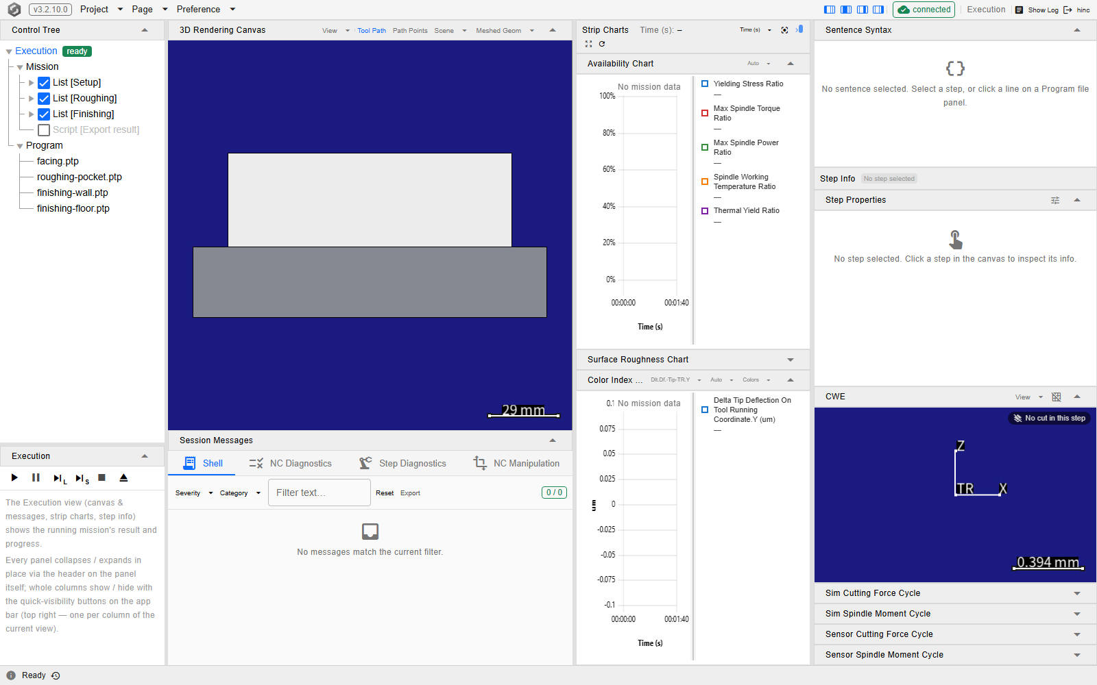 The Execution page inside the application frame: a menu bar carrying a version badge and the Project, Page and Preference menus, a Control Tree dock and transport buttons down the left, the 3D Rendering Canvas above the Session Messages tabs in the centre, strip charts and step panels on the right, and a one-line footer reading Ready