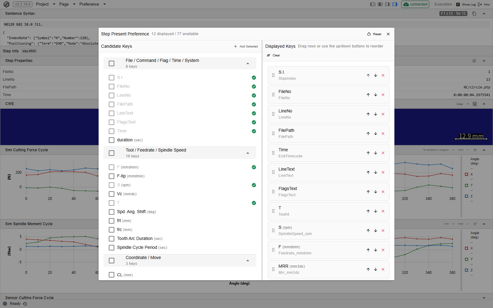 The Step Present Preference dialog open over the Execution page: a header counting displayed against available keys with Reset and close, a Candidate Keys panel on the left with collapsible categories and an Add Selected button, and a Displayed Keys panel on the right listing the chosen properties with up, down and remove buttons and a Clear action