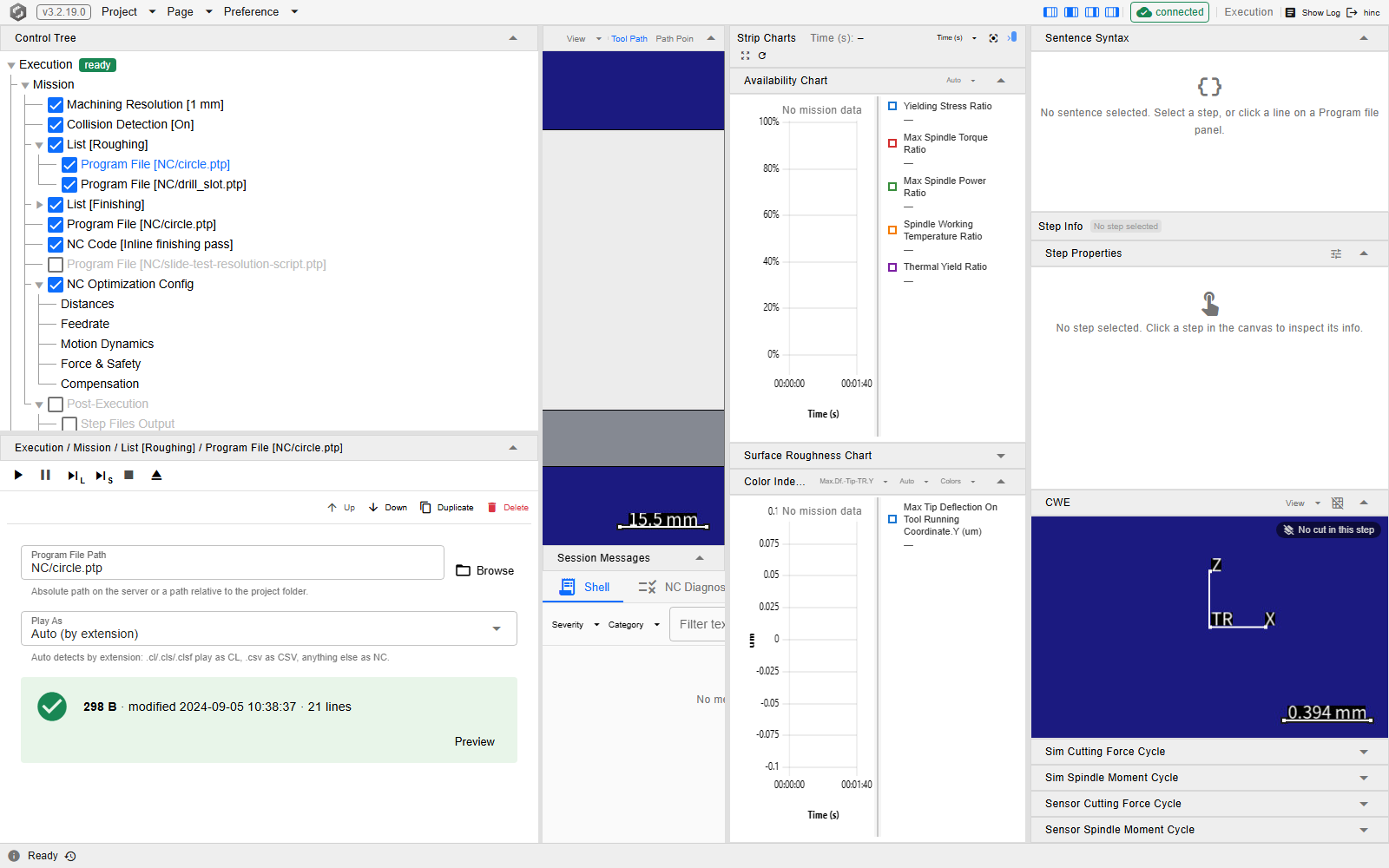 The Program File command panel in the Control Tree dock: a program file path field with a Browse button, a Play As select reading Auto, and a green file information banner giving size, modified time and line count with a Preview button