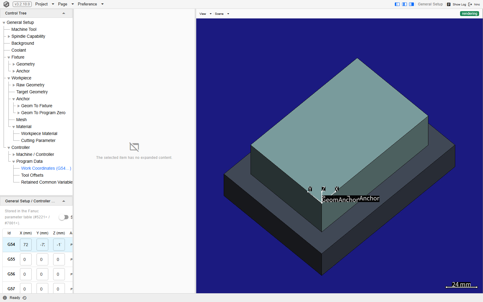 The Work Coordinates leaf of the Control Tree selected on the General Setup page, its panel showing a caption reading that the offsets are stored in the Fanuc parameter table and a table of G54 through G57 rows with X, Y and Z fields, G54 holding values and the rest zero
