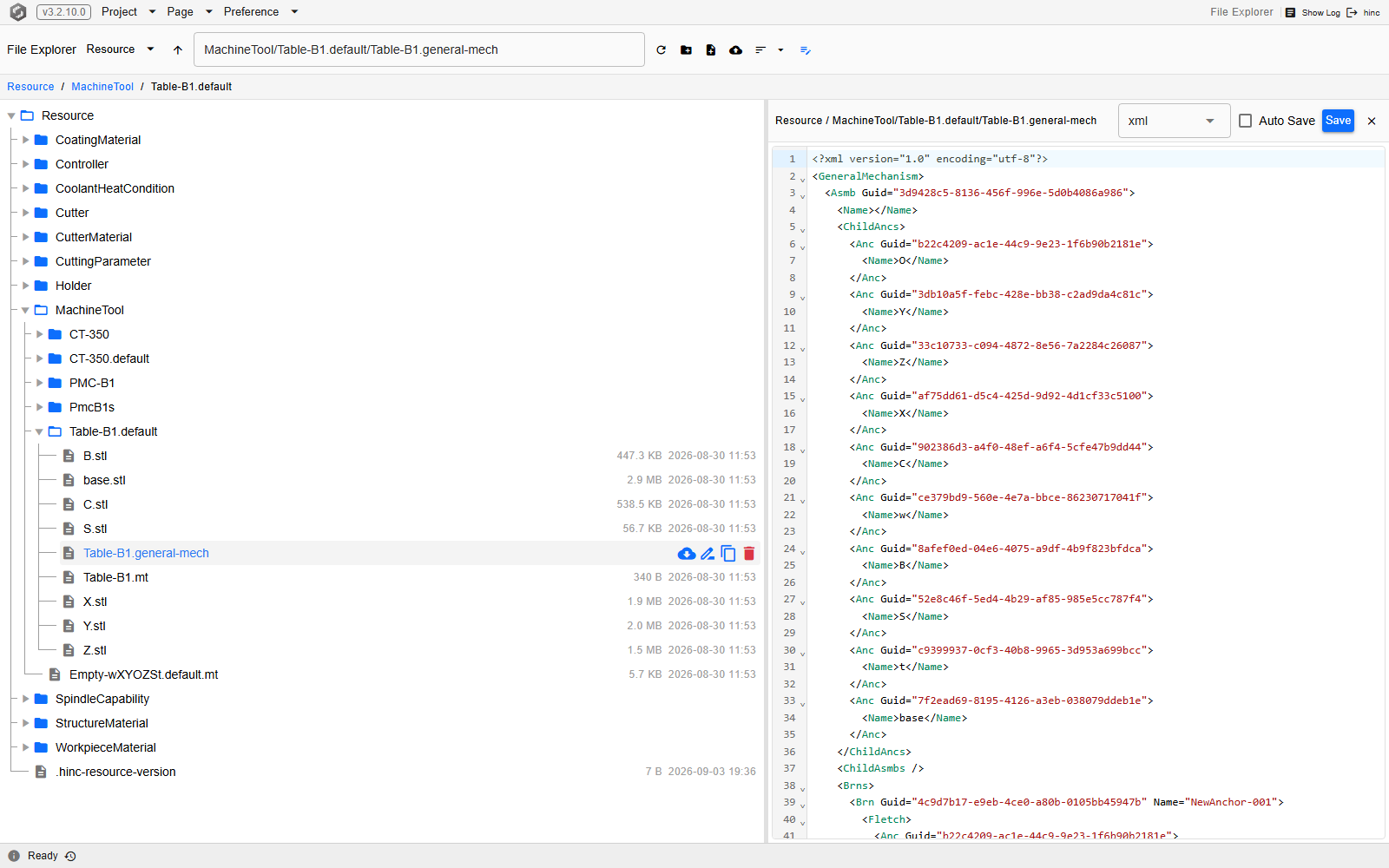 The same folder with the mechanism file open in the editor: the bar names Resource and the file's path, the language selector reads xml, and the anchor elements of the mechanism are syntax-highlighted beside the listing