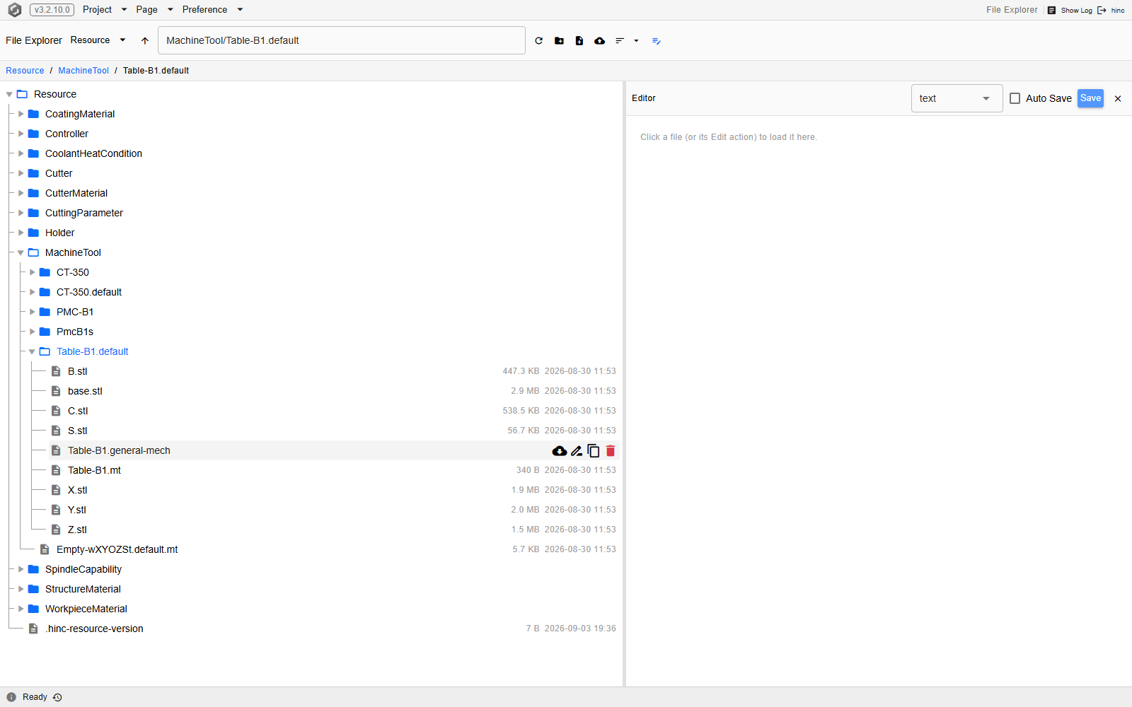 The File Explorer at the shipped Table-B1 machine tool folder: the root selector reads Resource, the breadcrumb reads Resource / MachineTool / Table-B1.default, and the hovered row has revealed its four actions — download, rename, duplicate and delete