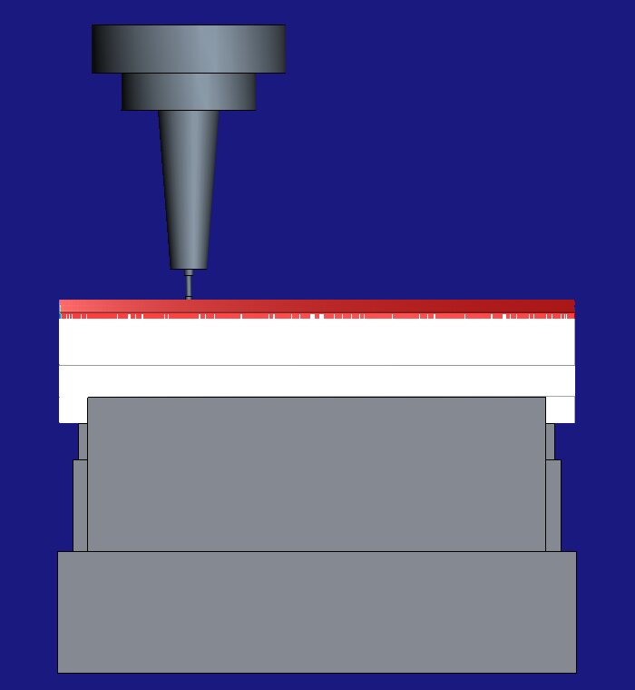 HiNC simulation of the bottom shell's OP20, seen from the side: the part turned over on the plug and held on the fixture, the Ø2 ball end in its shrink-fit chuck at the floor face, red where this set-up has cut