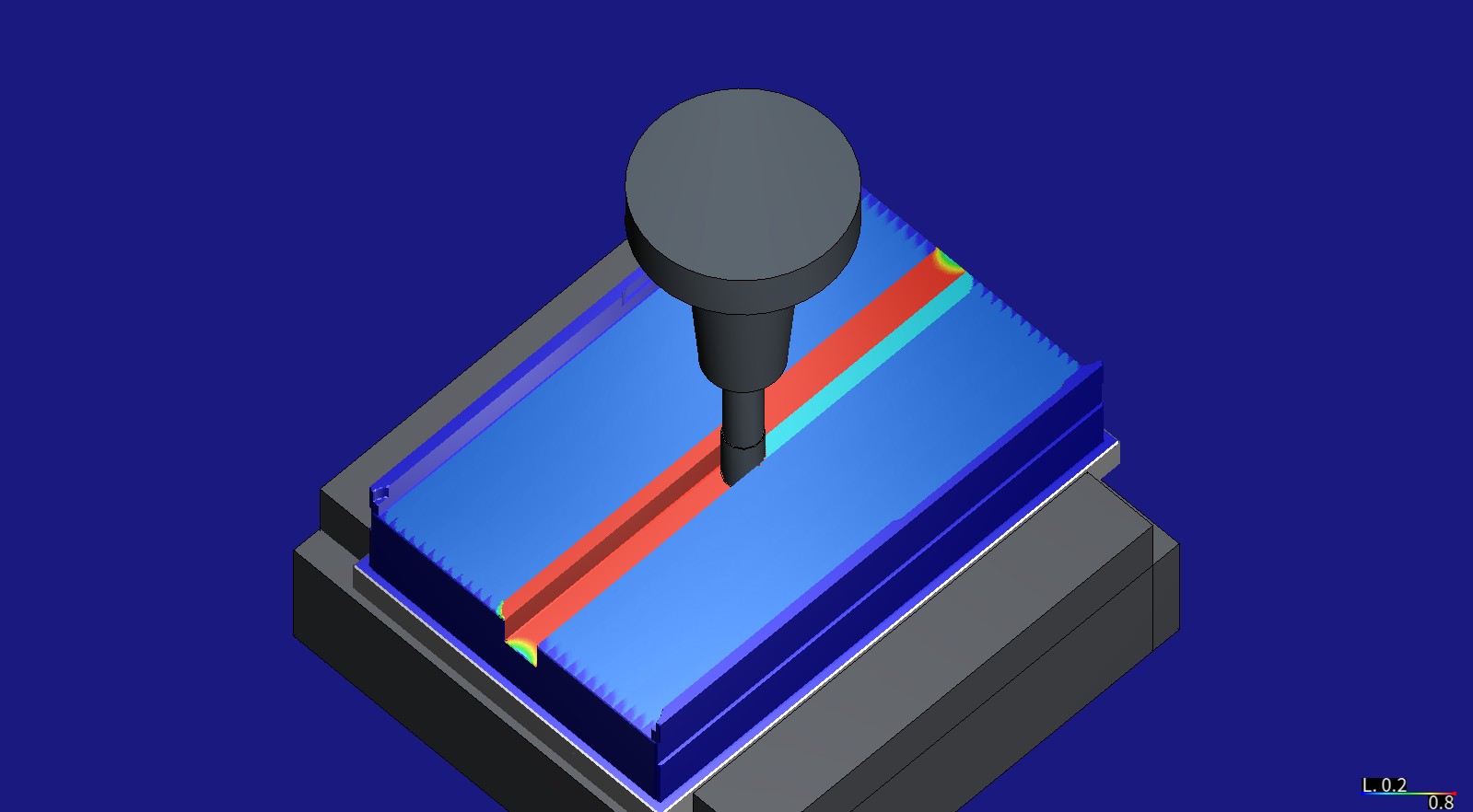 HiNC simulation of the same bottom-shell cavity before the optimization, the same view as the picture at the top: the band where the level opens with a full-width cut red at about 0.8, the rest of the floor blue at about 0.25