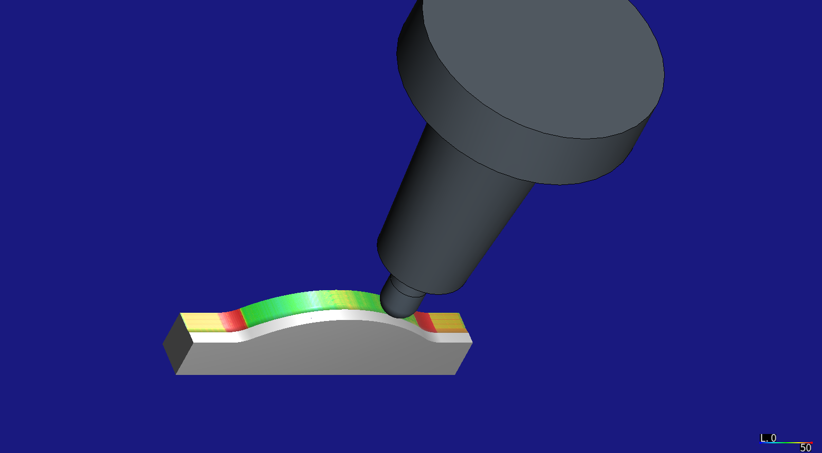 HiNC simulation: the ball end in its SK40 press-fit holder stopped on the convex face halfway through the cross-cylinder raster; the finished half of the band is coloured by the peak force of each revolution, 0–50 N: yellow on the lands, red in the R10 blends, green on the R45 face