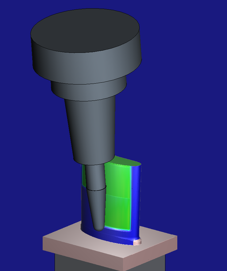 HiNC simulation: the conical cutter in its shrink-fit holder half-way along the bottom G1 pass, over the blade that roughing and semi-finishing left; to its right the pass has gone by and the face is green, on the design, over its whole height; to its lower left, where the pass has not reached yet, and along the base, which the finishing cutter does not reach, the semi-finished stock is blue