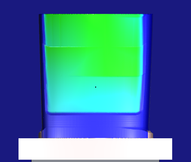 HiNC's finished NX face, coloured by its deviation from the design: green on the upper passes, turning cyan — about +0.1 mm of stock left — on the lower face; the edges and the base, which the finishing cutter does not reach, are blue