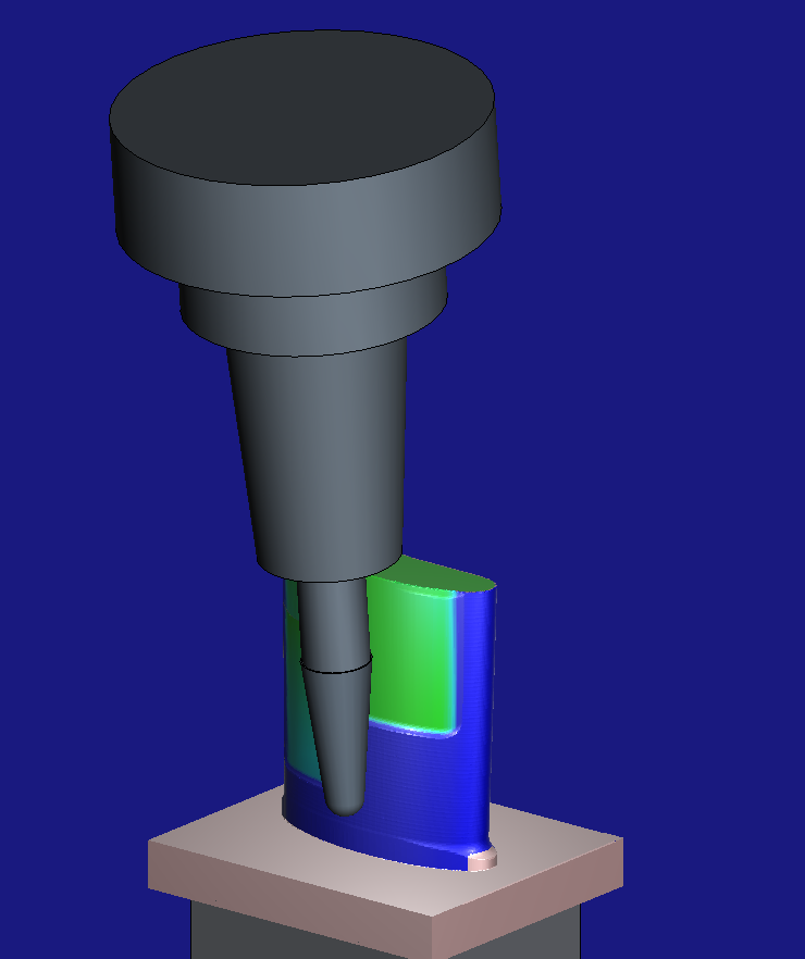 The same conical cutter in its shrink-fit holder on the NX program's bottom pass: the face it has passed turns cyan, about +0.1 mm of stock left, and the semi-finished stock it has not reached yet is still blue