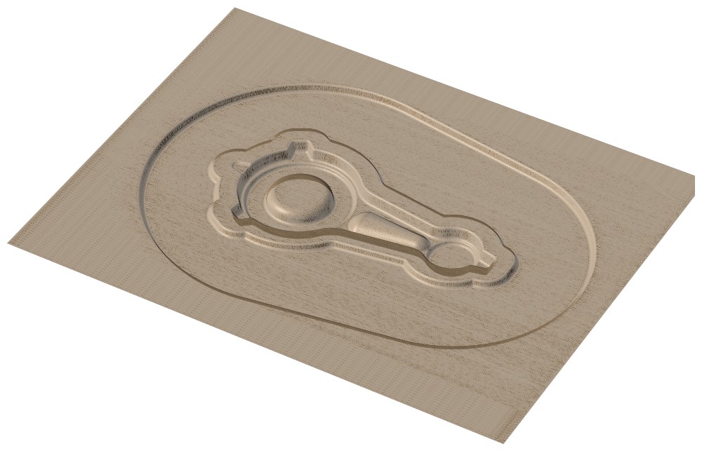The agent's lower die as designed: the connecting-rod impression in the middle of the 265 × 205 mm block, the flash land round it and the egg-shaped gutter round both