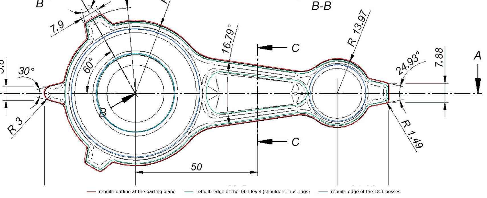 The article's Fig. 3 plan view with the rebuilt forging drawn over it: outline at the parting plane in red, edge of the 14.1 mm level in green, edge of the 18.1 mm bosses in blue