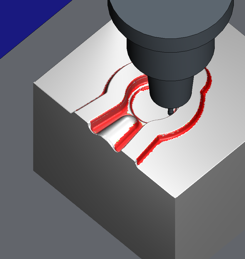 HiNC simulation: an R1.5 long-neck ball end mill in an HSK-A63 shrink-fit chuck, finishing beside the small end of the connecting-rod impression; the surfaces it has cut so far are red