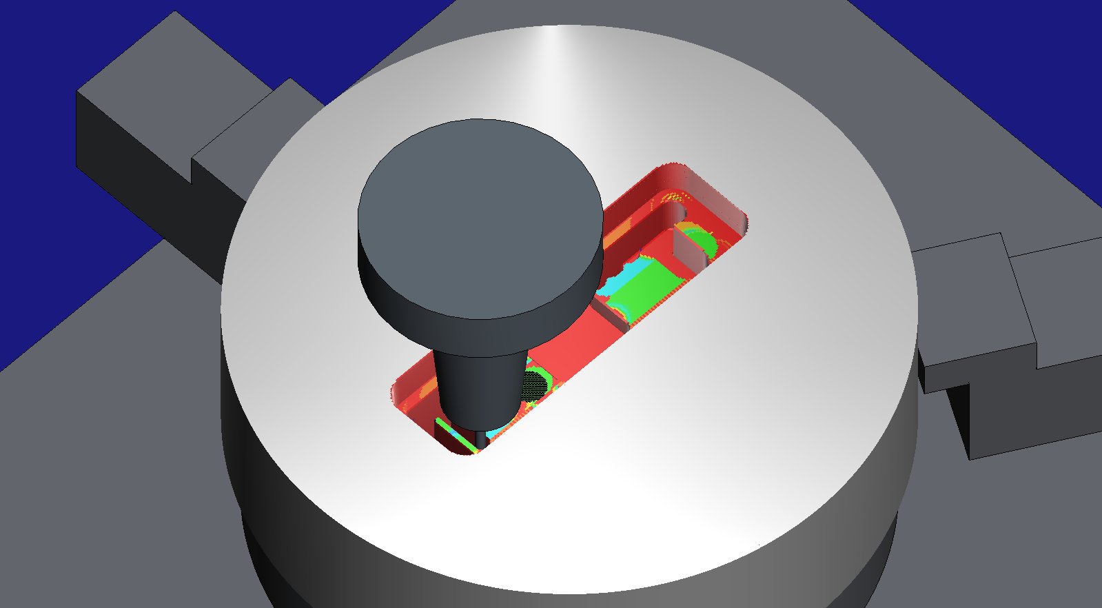 HiNC simulation: the lower plate from its exit face, the Ø3 long-neck cutter reaching from its shrink-fit chuck into run-out step 2 and cutting a left-hand fin slot; the block's and the thick fin's wide relief already cut by the Ø6