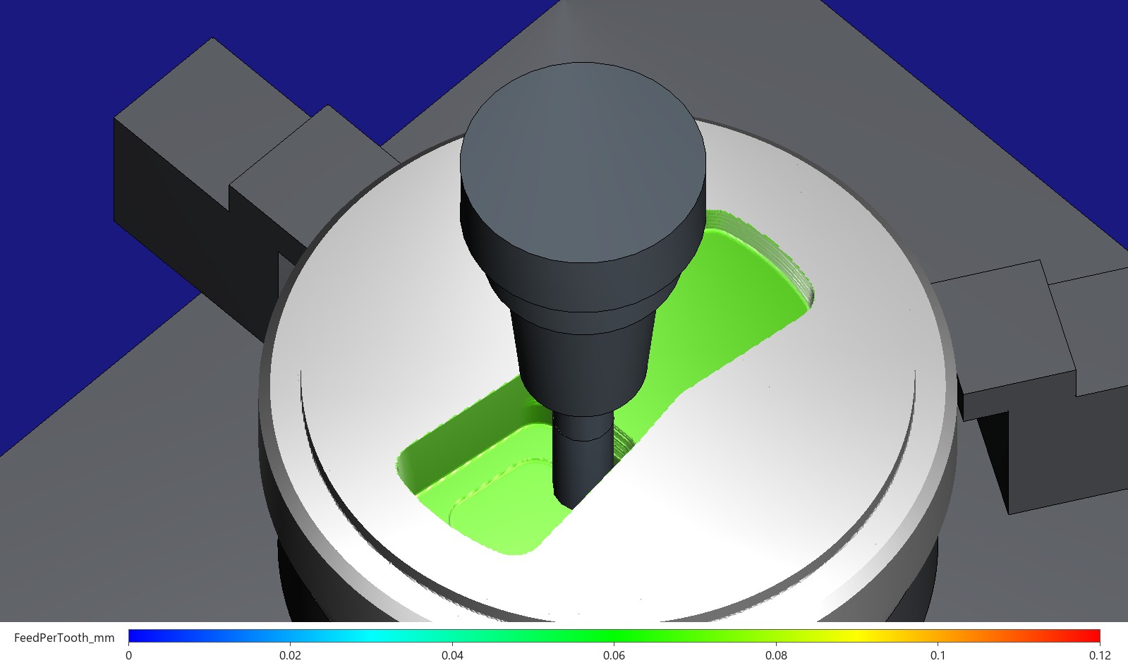 The same layer as programmed, coloured by feed per tooth from 0 to 0.12 mm: every cut face green, at the programmed 0.0698 mm