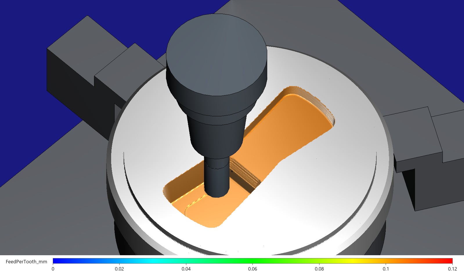 HiNC simulation of the optimized porthole roughing: the upper plate seen from its joint face, the Ø16 end mill in its shrink-fit chuck paused in the layer at Z −24.8, every face cut in the play coloured orange by its feed per tooth of 0.1047 mm, the ceiling the agent set