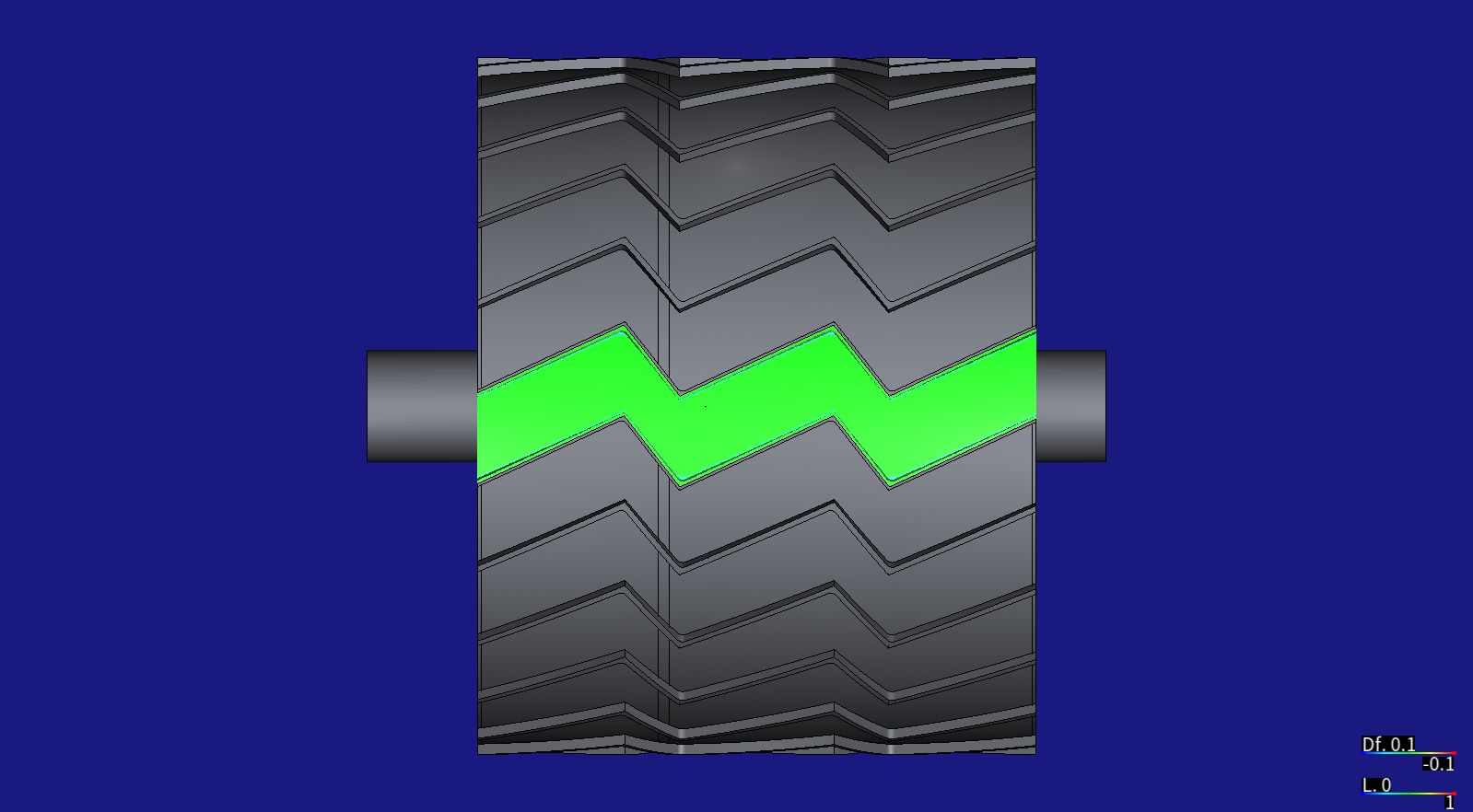 HiNC's comparison of the finished pitch with the design, seen from above: the whole chevron groove green, the rest of the wheel grey, and HiNC's deviation legend of ±0.1 mm at the lower right