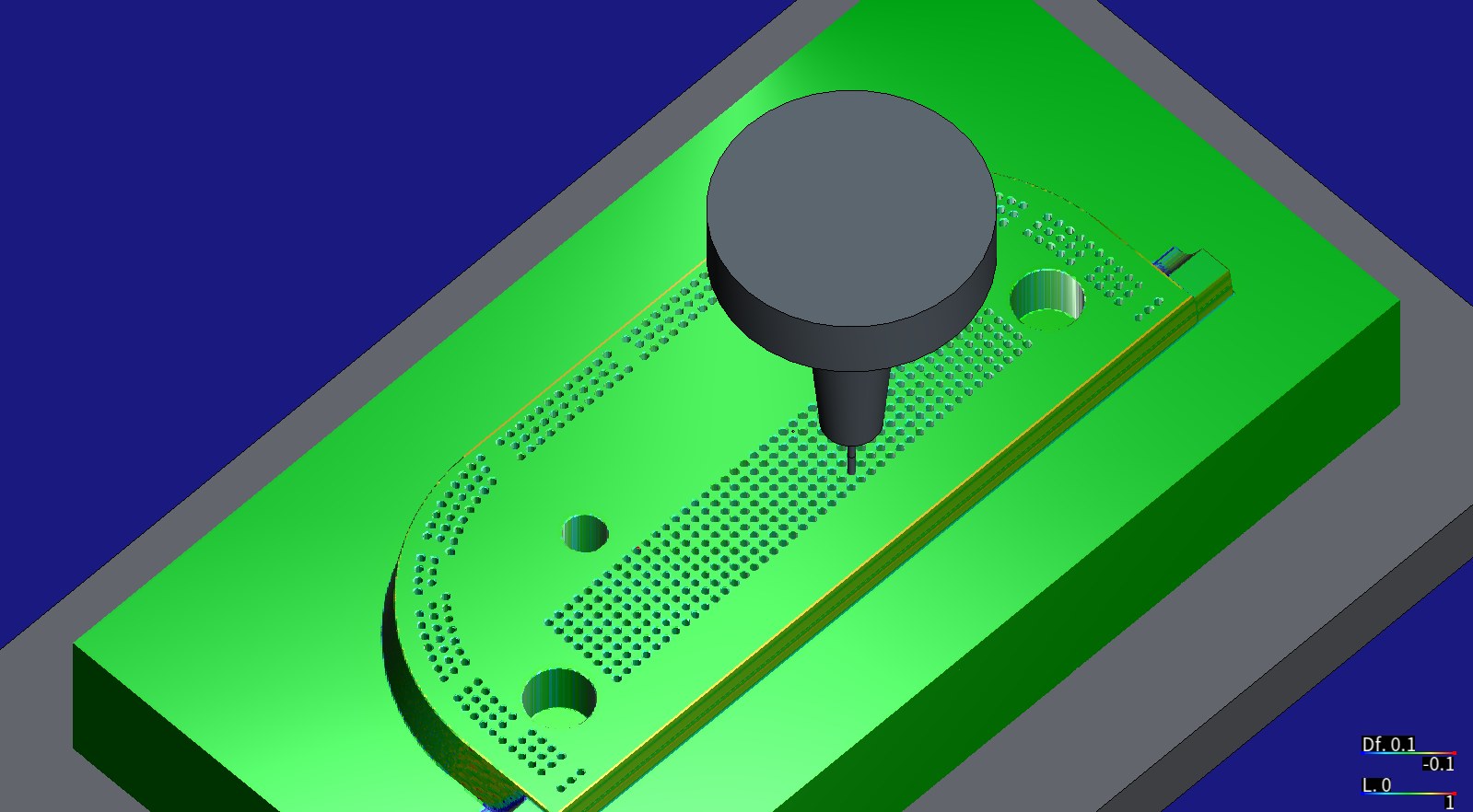 HiNC simulation: the finished A insert coloured by its difference from the design, the Ø1.8 mm drill in its shrink-fit chuck going into a pin hole of the vent field