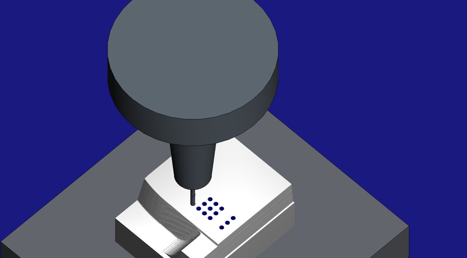 HiNC simulation of the trimmed A insert on its first programs: the Ø1.8 mm drill in its shrink-fit chuck going into the next pin hole, twelve holes already drilled beside it, and to the left the edge of the plug and the slope of the shut-off