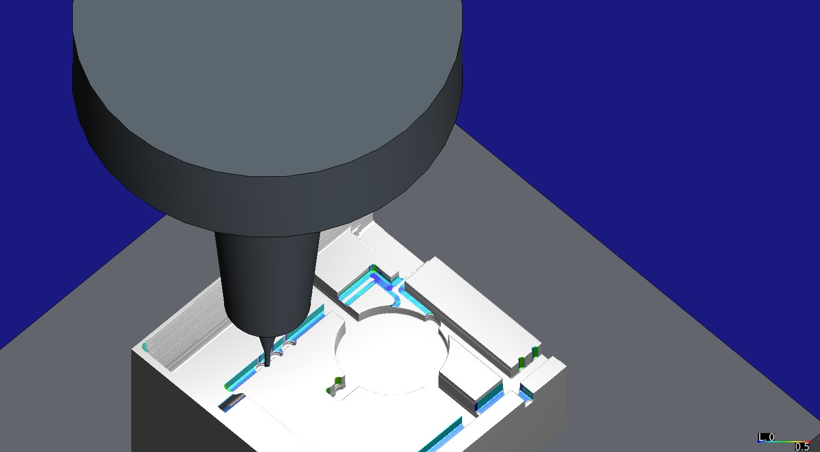 HiNC simulation of the trimmed B insert on the revised programs: the Ø1 mm end mill in its shrink-fit chuck halfway along a rib slot, the faces it has just cut coloured by stress ratio, almost all blue to cyan, with the round boss opening and a clip box's corner beside it