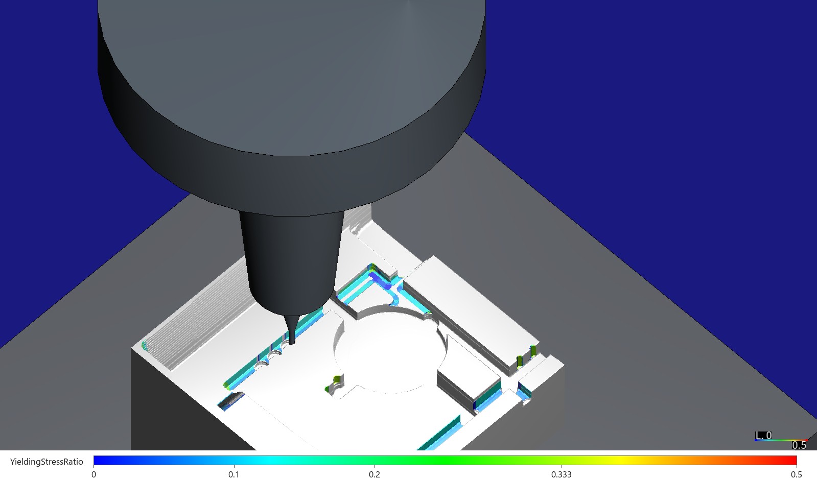 The same view coloured by stress ratio from 0 to 0.5, after the optimization: the slot faces still blue to cyan