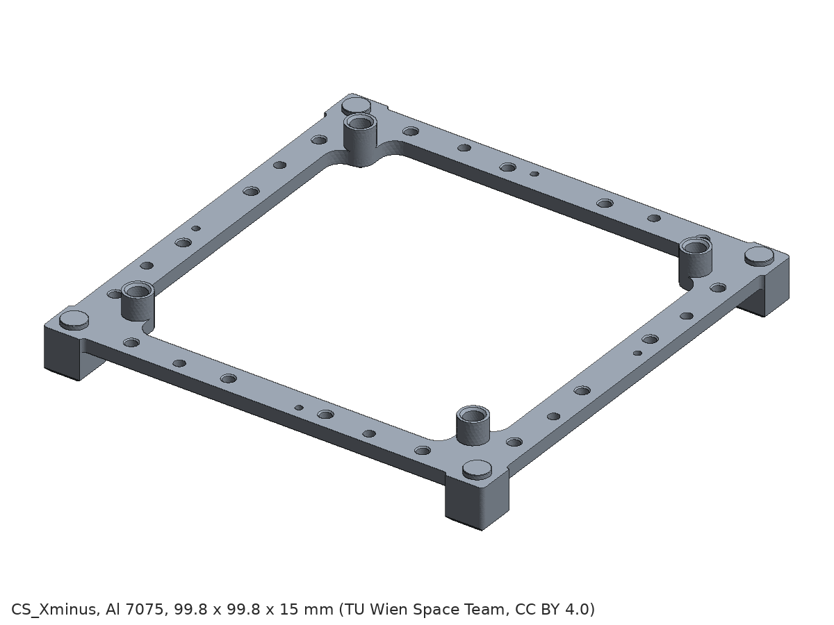 Plate CS_Xminus alone: a square frame with four bosses round the H7 bores and a foot at each corner