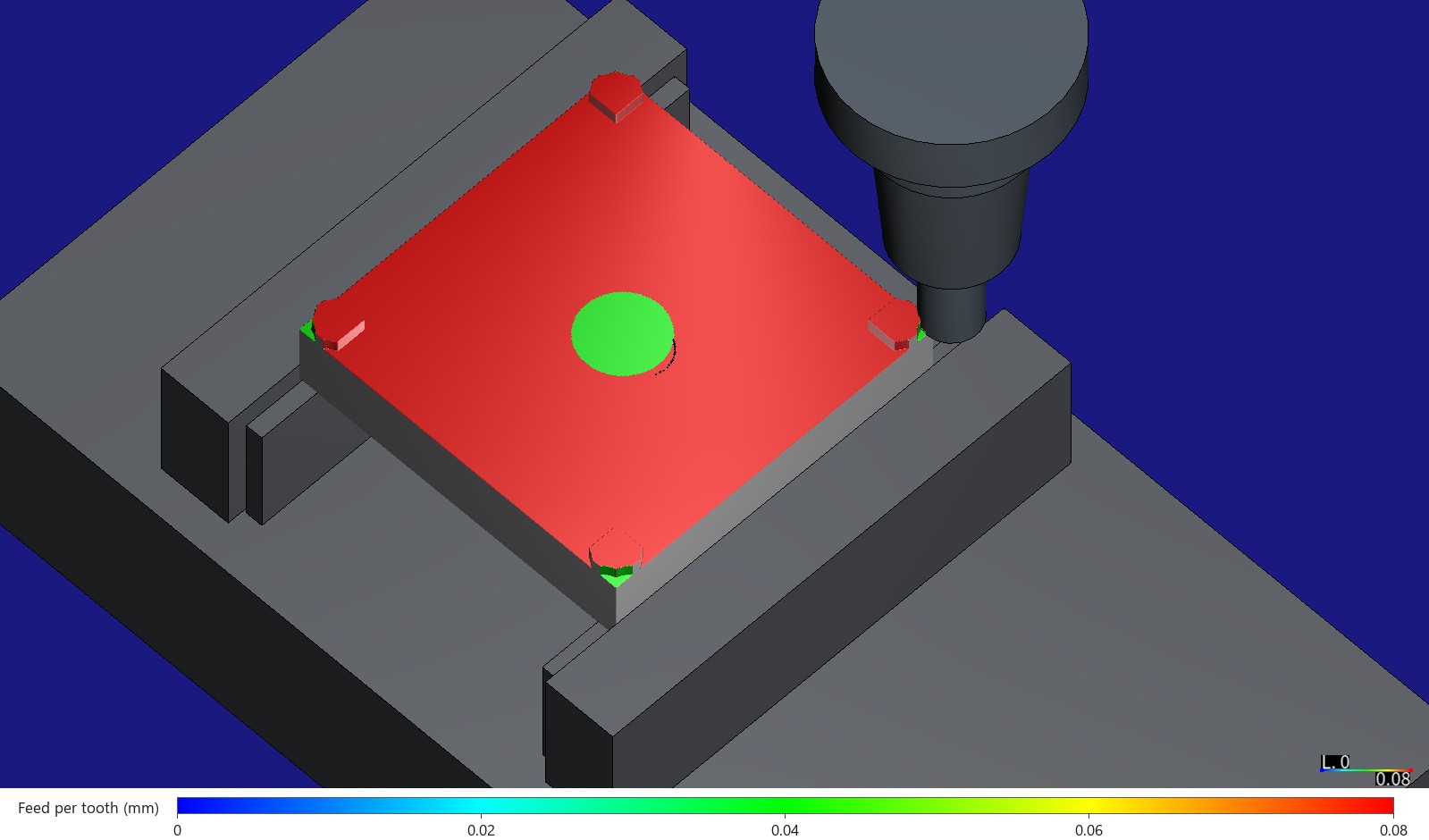 HiNC simulation of plate X- before the optimization: the same view as the picture at the top, coloured by feed per tooth from 0 to 0.08 mm: the whole level red at the programmed 0.08 mm, the helix entry at the centre green at 0.04 mm