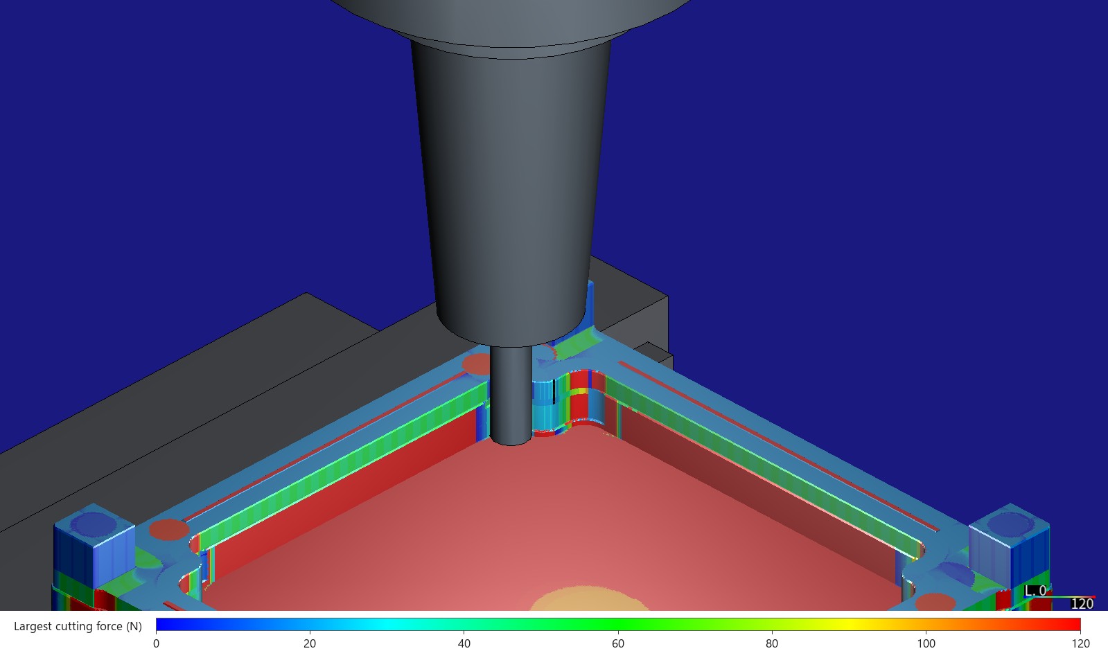 HiNC simulation of plate X- before the optimization, at the end of the D6 final pass: the D6 end mill below its shrink-fit chuck in the notch beside a boss; the frame's walls coloured by largest cutting force from 0 to 120 N show green, yellow and red bands