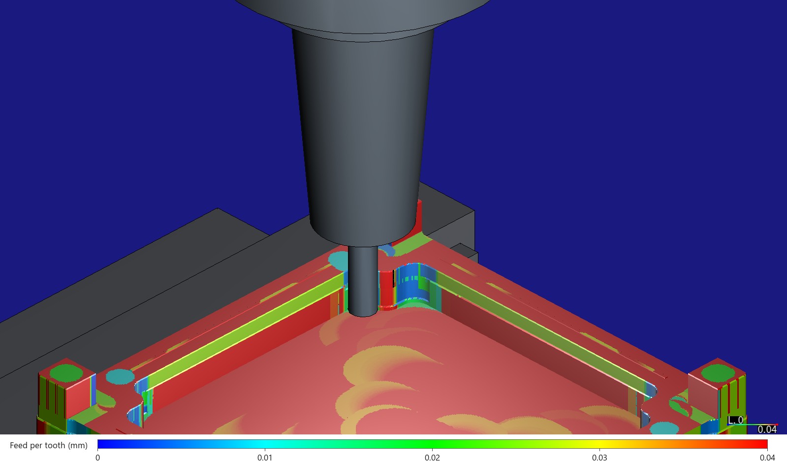The same view after HiNC's optimization coloured by feed per tooth: the long walls yellow-green at about 0.025 mm, the notch's corners blue near zero, some floor and top faces still red