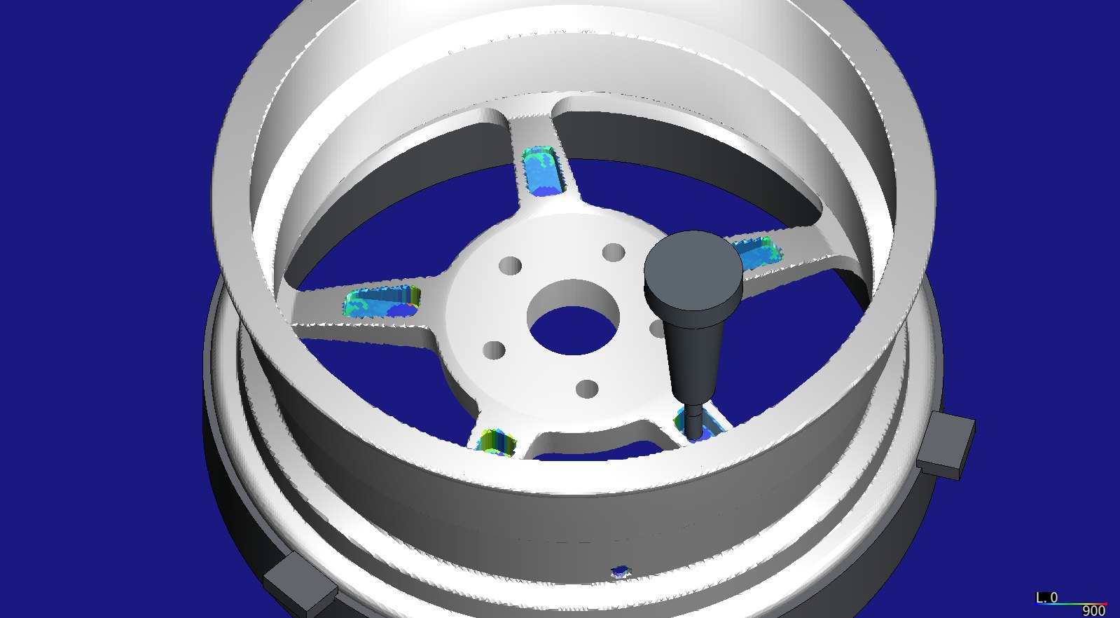 HiNC simulation of the second set-up seen through the inboard opening: the five back pockets coloured by cutting force, and the slim 130 mm holder reaching down inside the barrel to the floor of one of them