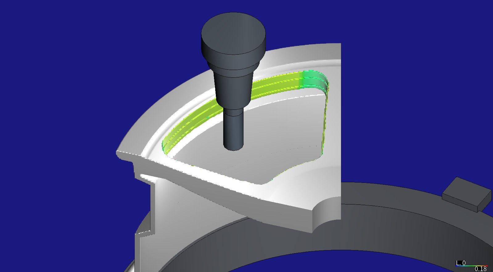 HiNC simulation of the source roughing program coloured by feed per tooth, from 0 to 0.18 mm: the window walls yellow-green at the program's 0.12 mm and green where it slows down