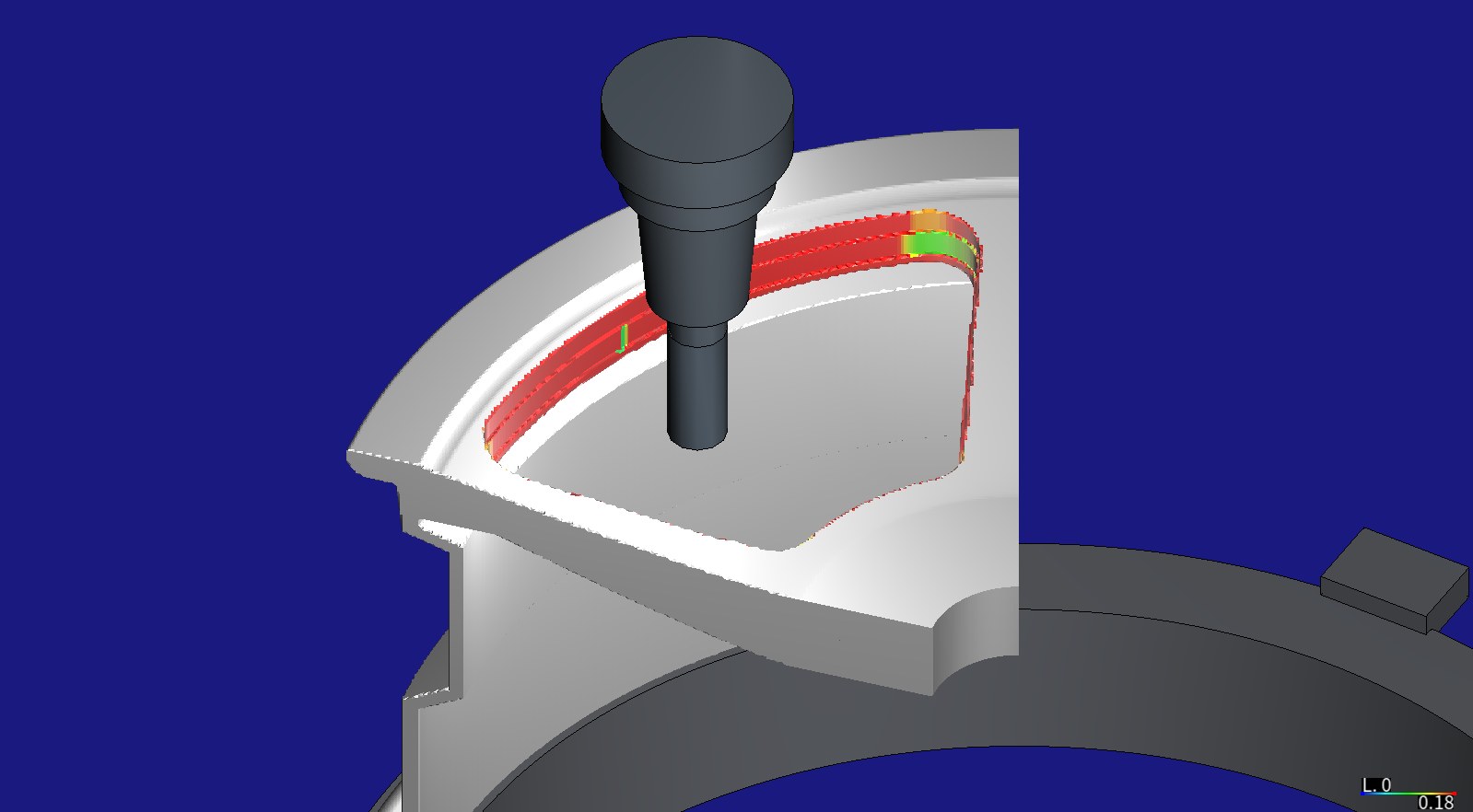 HiNC simulation of V1's optimized roughing program coloured by feed per tooth: almost every wall red at the 0.18 mm ceiling, lower only at one corner