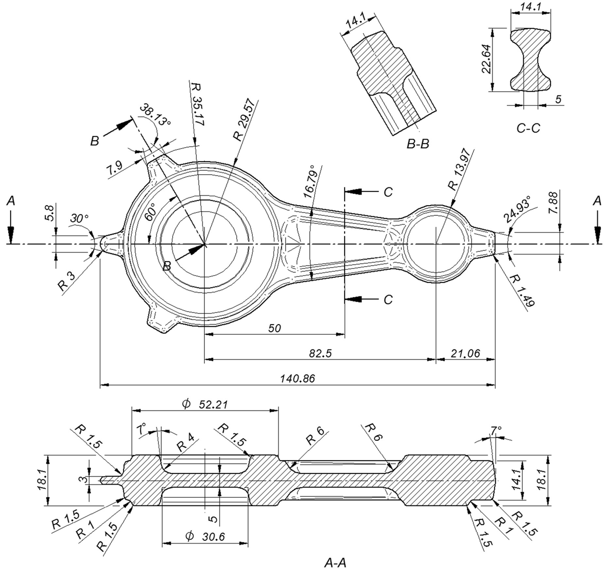 論文的 Fig. 3,鍛件圖:平面圖標出大頭與它的兩耳、桿身、小頭與兩片尾片的尺寸(全長 140.86 mm、中心距 82.5 mm);B-B 斷面切過一耳,厚 14.1 mm;C-C 斷面切過桿身,寬 22.64 mm,肋處厚 14.1 mm、腹板 5 mm;A-A 斷面沿桿軸,標出 18.1 mm 的凸台、3 mm 的尾片、R1–R6 的圓角與 7° 拔模。圖面:A. Dziubińska, Materials 2023, 16, 2856,CC BY 4.0