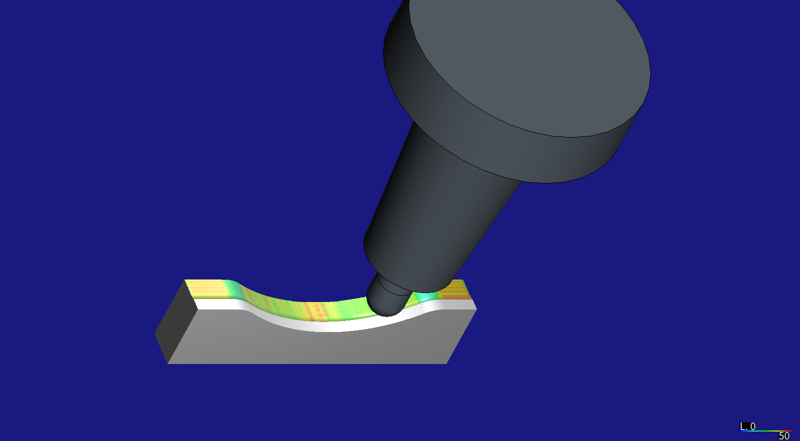 HiNC simulation: the same ball end mill and holder on the concave part, stopped on the concave face; the finished half coloured by force