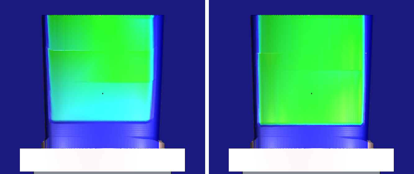 Two finished blade faces side by side, coloured by their deviation from the design: on the left the NX face, green above and cyan on the lower third; on the right the G1 face, green all over