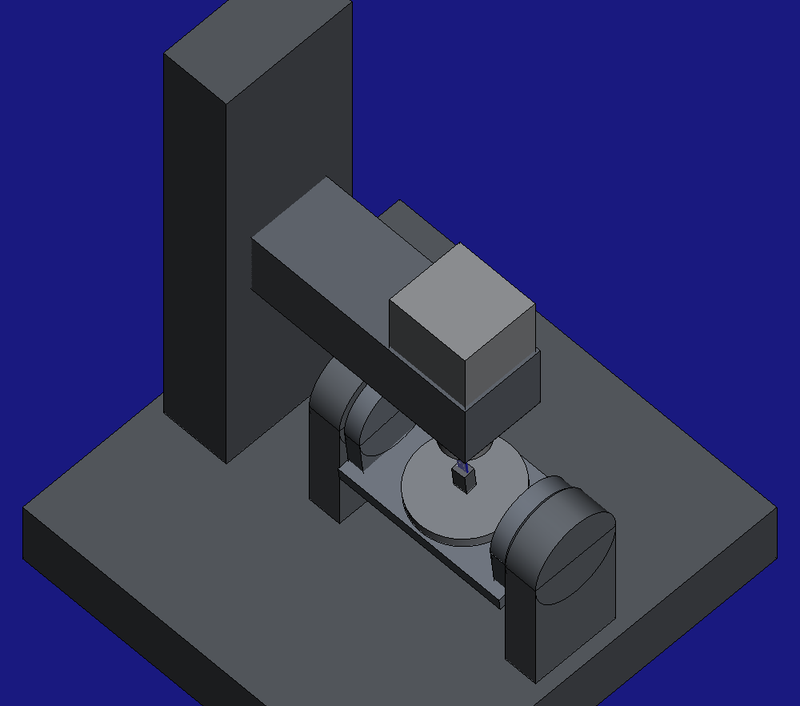 HiNC's generic five-axis machine with a B/C table: the column and the spindle head, the cradle and the C table, the blade on its riser