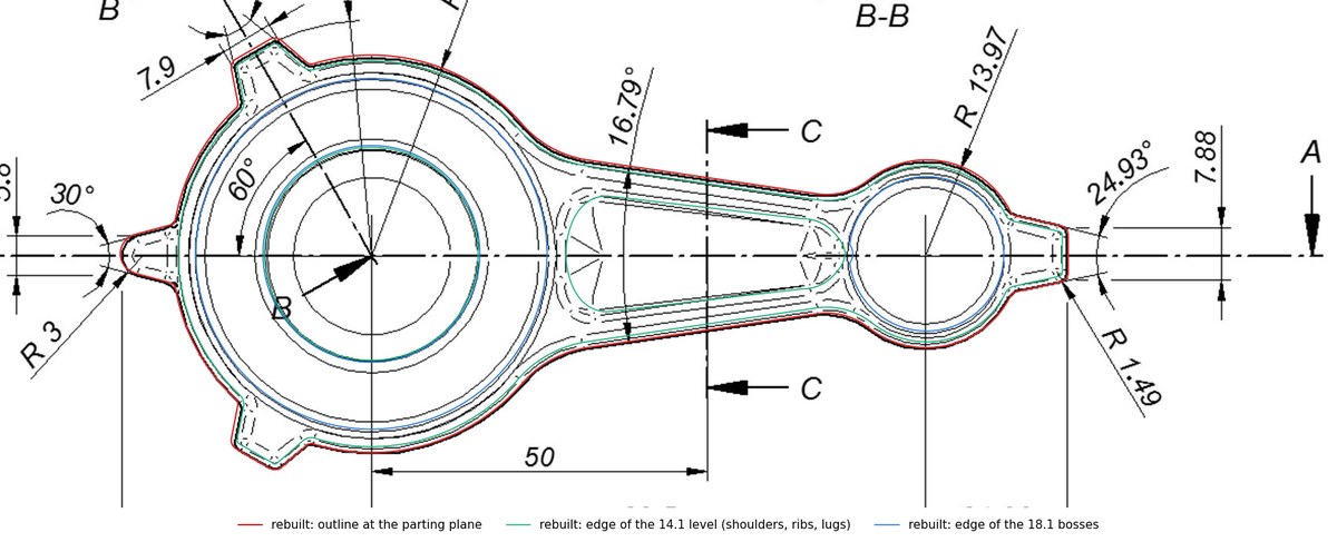 The article's plan-view drawing of the forging with the agent's rebuilt outlines drawn over it: red at the parting plane, green at the 14.1 mm level, blue at the 18.1 mm bosses