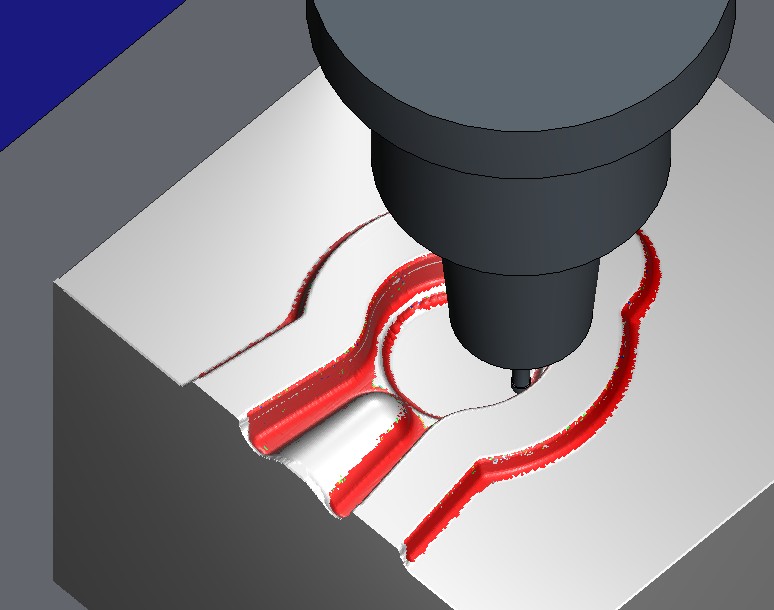 A trimmed window of the lower die in HiNC: the R1.5 long-neck ball in an HSK-A63 shrink chuck finishing beside the small-end boss, the faces this tool has cut coloured red