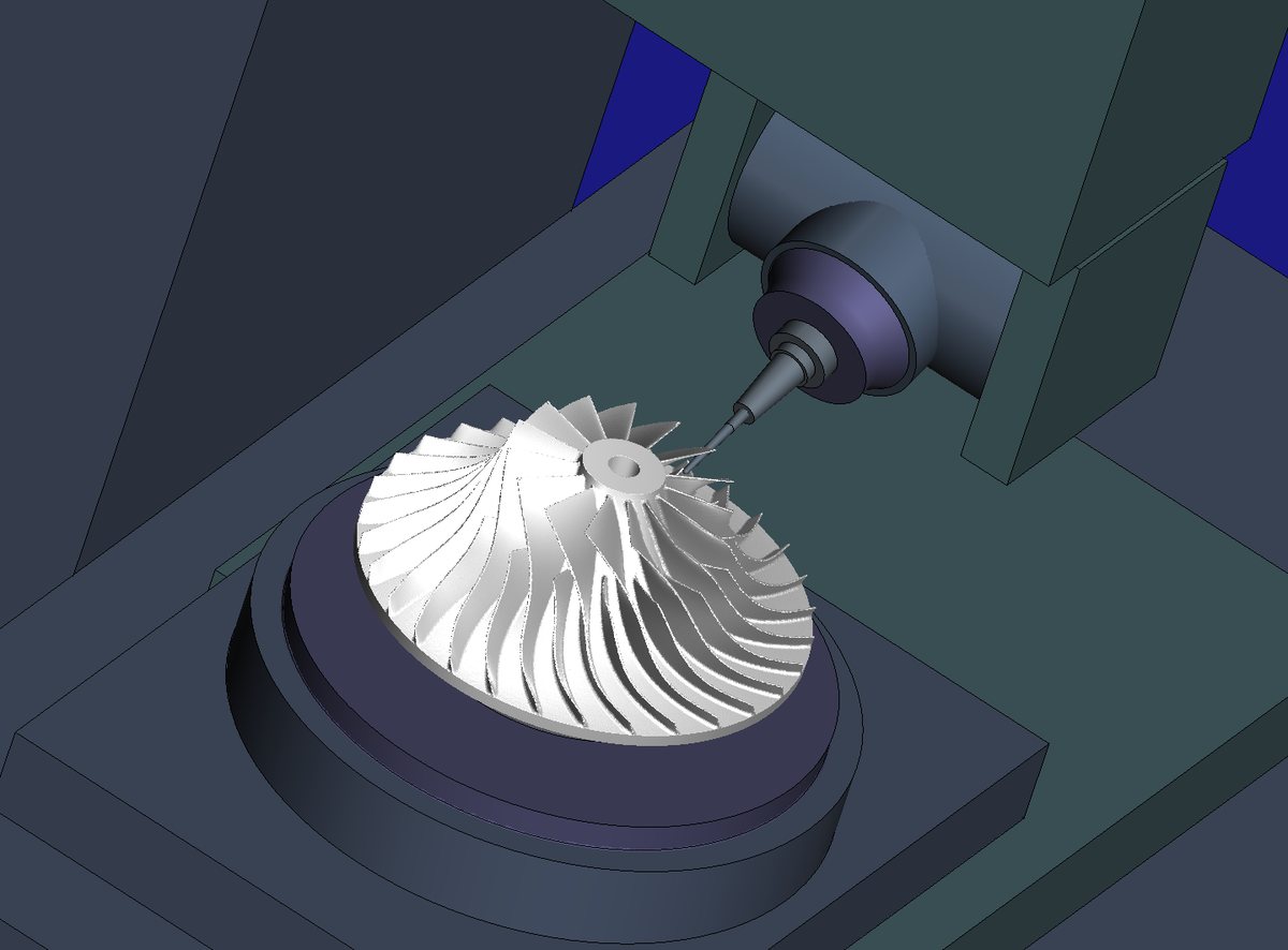 The machined impeller in HiNC on the rotary table of a generic five-axis machine: a tapered ball end mill in a shrink-fit chuck under the swivel head, tilted into a passage near the inlet