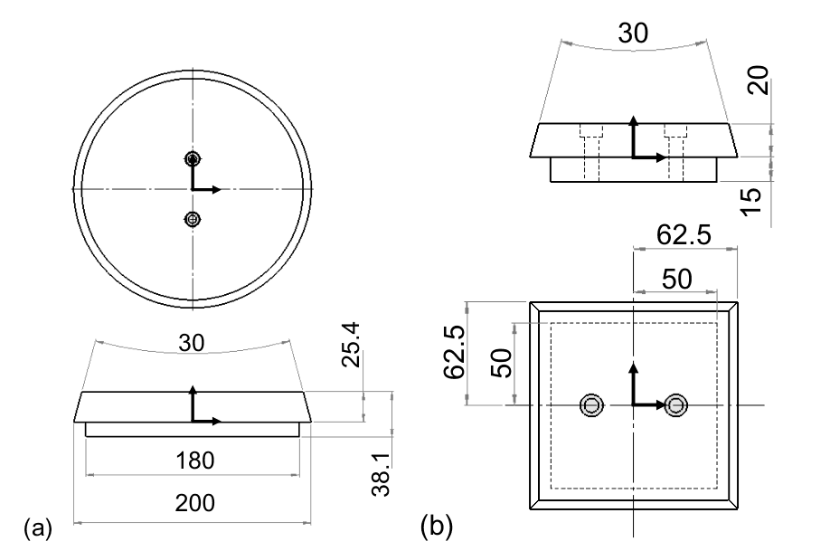 The paper's Figure 1: the cone frustum and the truncated square pyramid in top and side views, carrying only bare numbers such as 30, 200, 25.4, 62.5 and 50