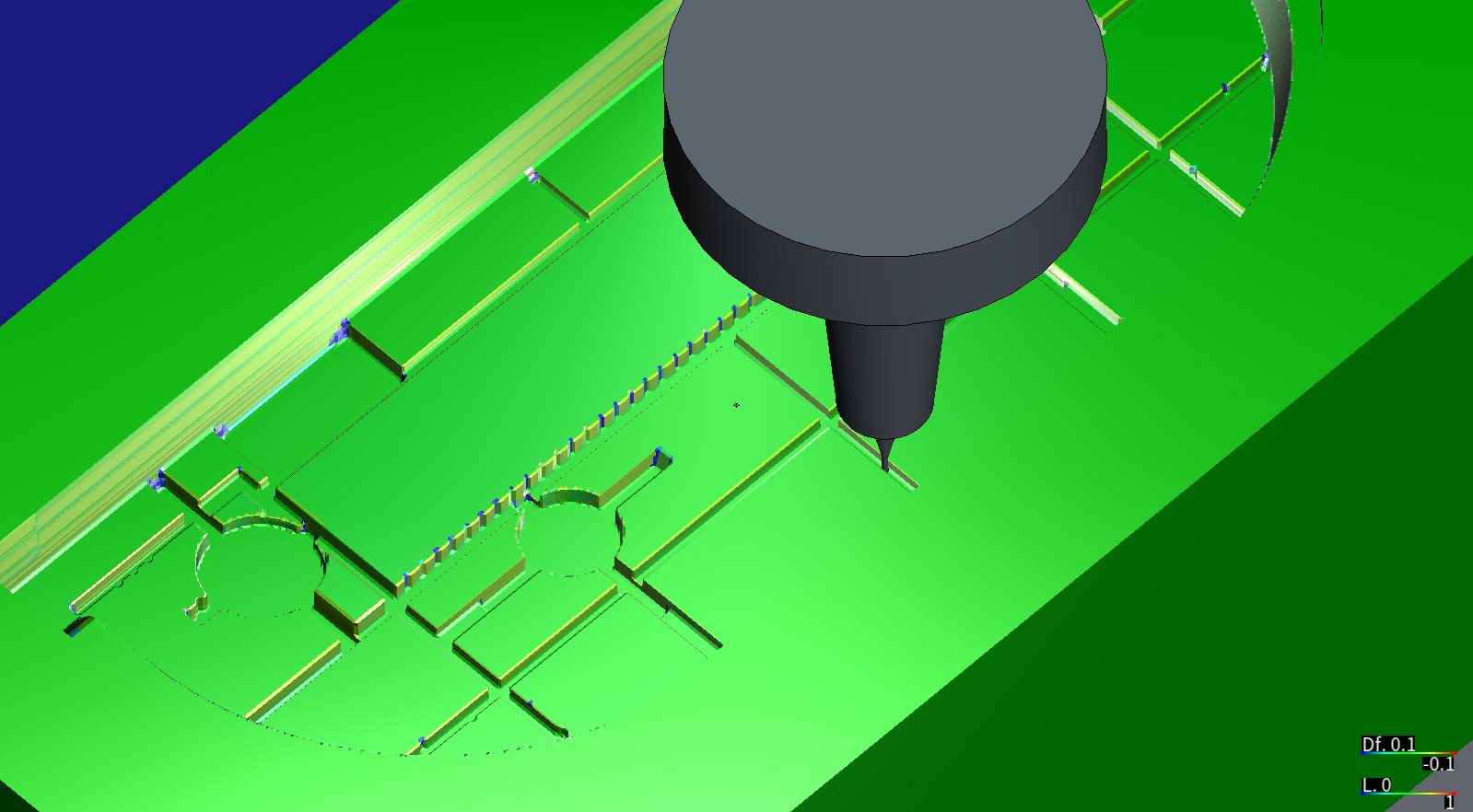 The finished B insert in HiNC, green almost everywhere in the comparison with the design: the 1 mm end mill in its shrink-fit chuck down in a rib slot, the rib grid's slots, a long plateau and two round boss openings around it
