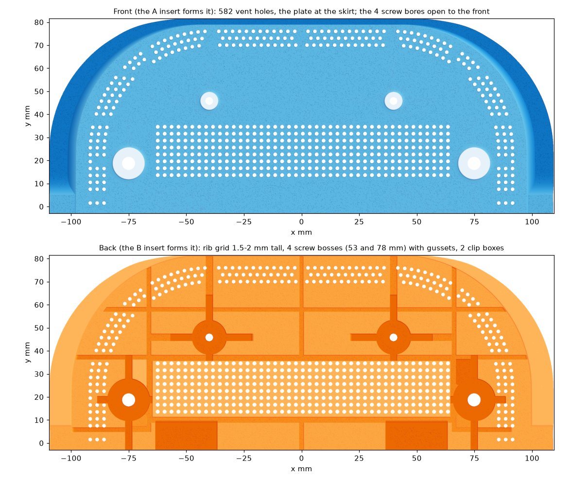 The antenna cover from its STEP model, shaded by height: the front with its 582 vent holes, the back with the rib grid, four screw bosses and two clip boxes