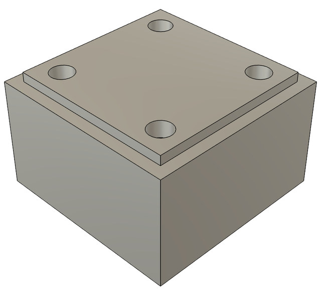 The data set's rendering of part 3: a raised square plate on the block, with four holes in it