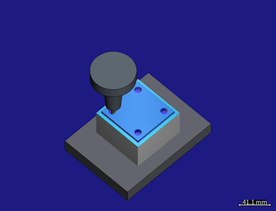 Part 3 in HiNC: the same shrink-fit holder and 6 mm end mill at one of the four holes in the raised 70 × 70 mm square, with the cleared step around it