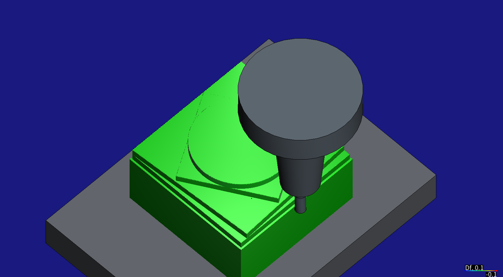 Part 8 in HiNC: the shrink-fit holder above the stepped, inclined part while the 6 mm end mill cuts the last contour at its deepest level