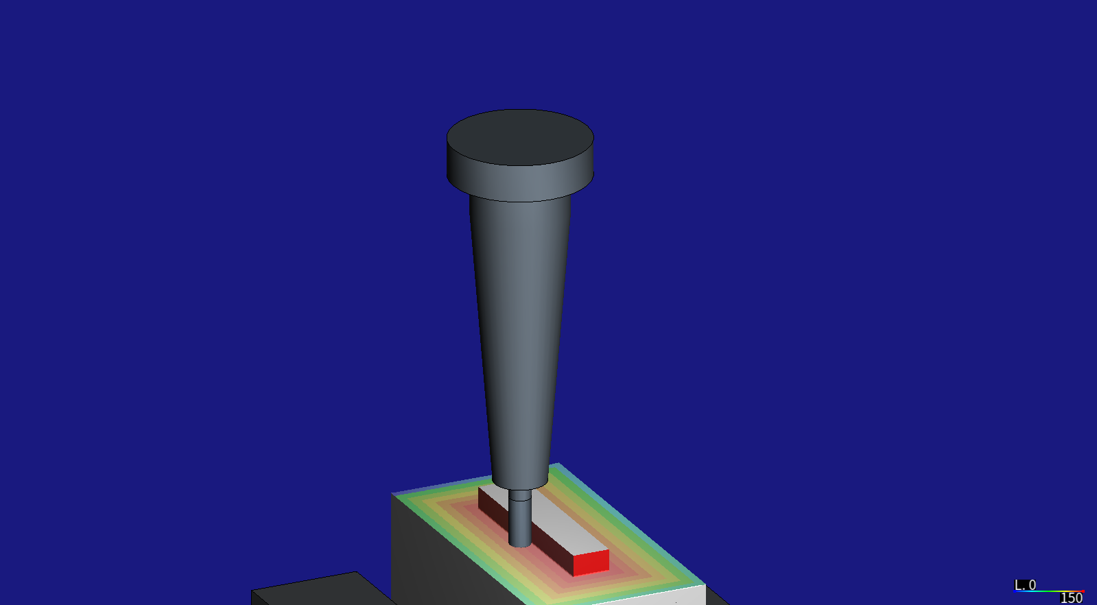 HiNC simulation: the same end mill in the long 160 mm shrink-fit chuck at the same 30 mm stick-out, cutting the last cycle at the smaller radial depth, with the same colouring by flank wear