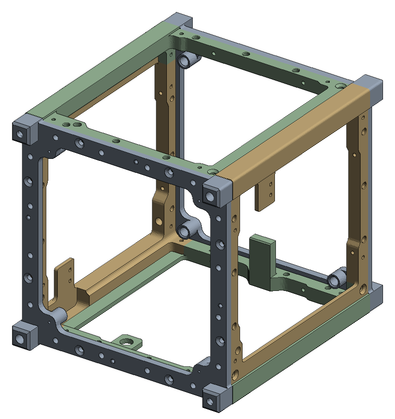 The six Al 7075 plates assembled into the 1U structure, about 100 mm on a side: two square frames and four side panels with rails, rendered from the team's STEP assembly