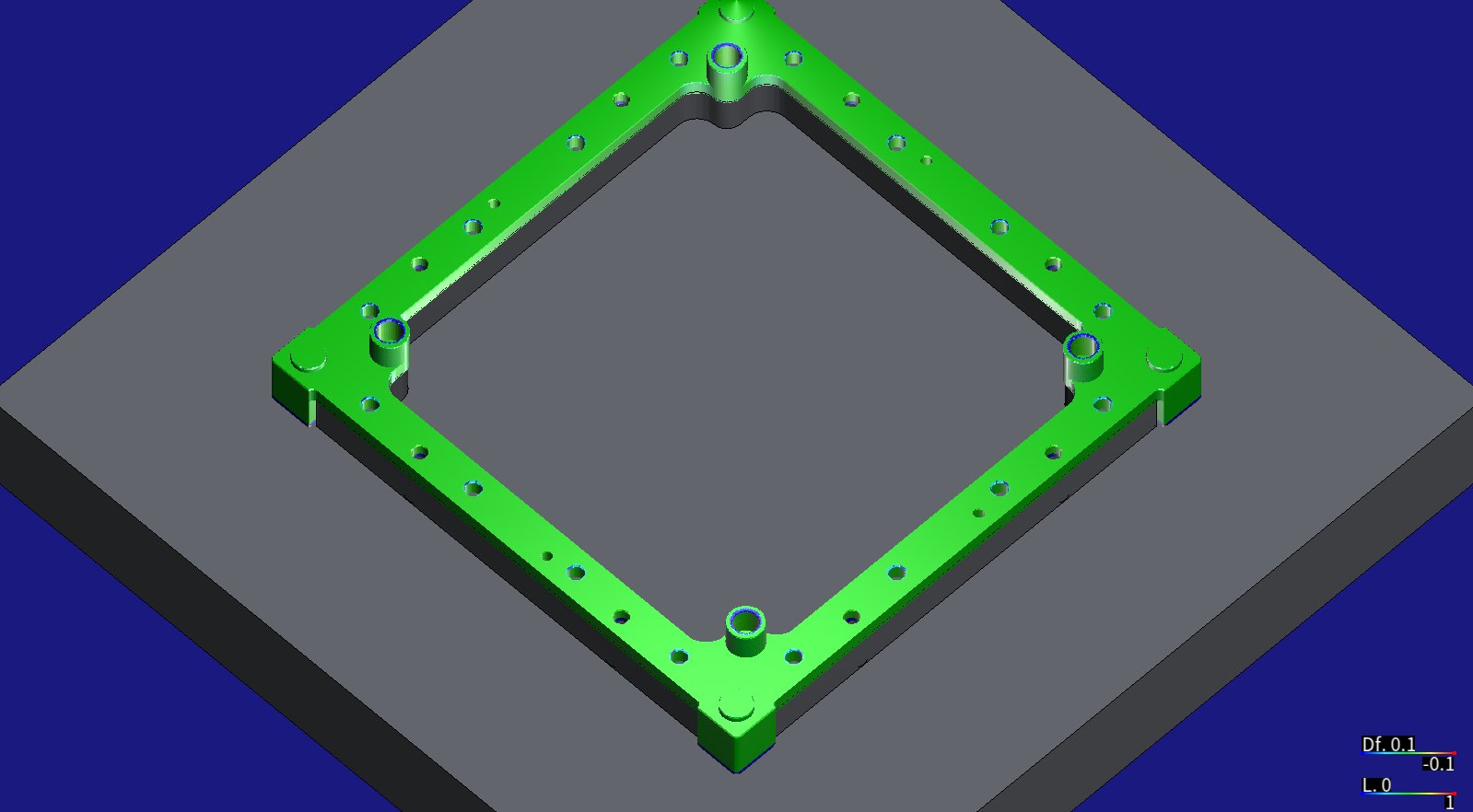 HiNC's deviation view: plate X- finished, on the second clamping's sub-plate, green within ±0.1 mm of the design, the hole-mouth chamfers proud in blue