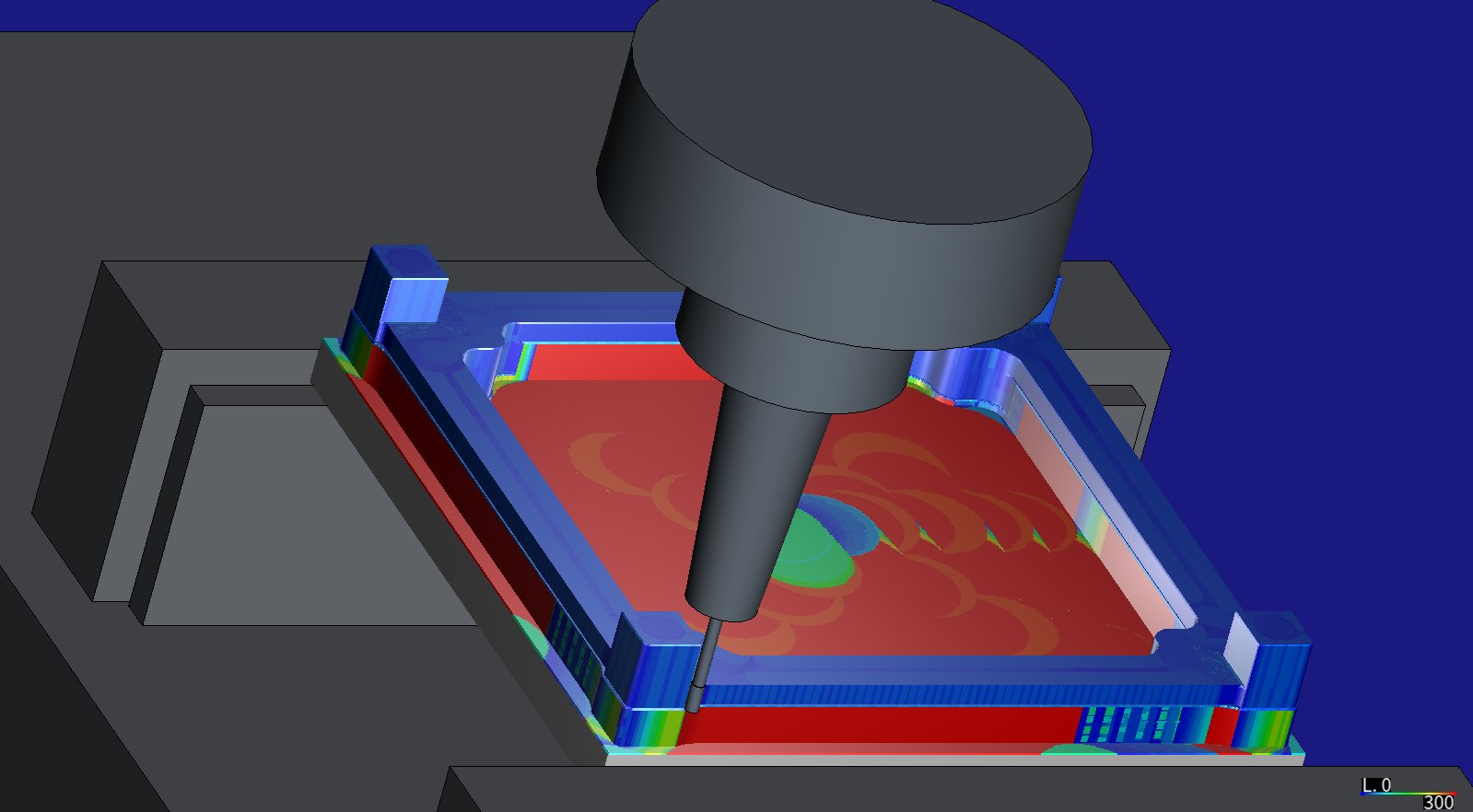 HiNC: plate X- of a CubeSat structure in the vise, a 2 mm end mill reaching from a slim shrink-fit chuck into an R1 corner of the frame; the part is coloured by cutting force